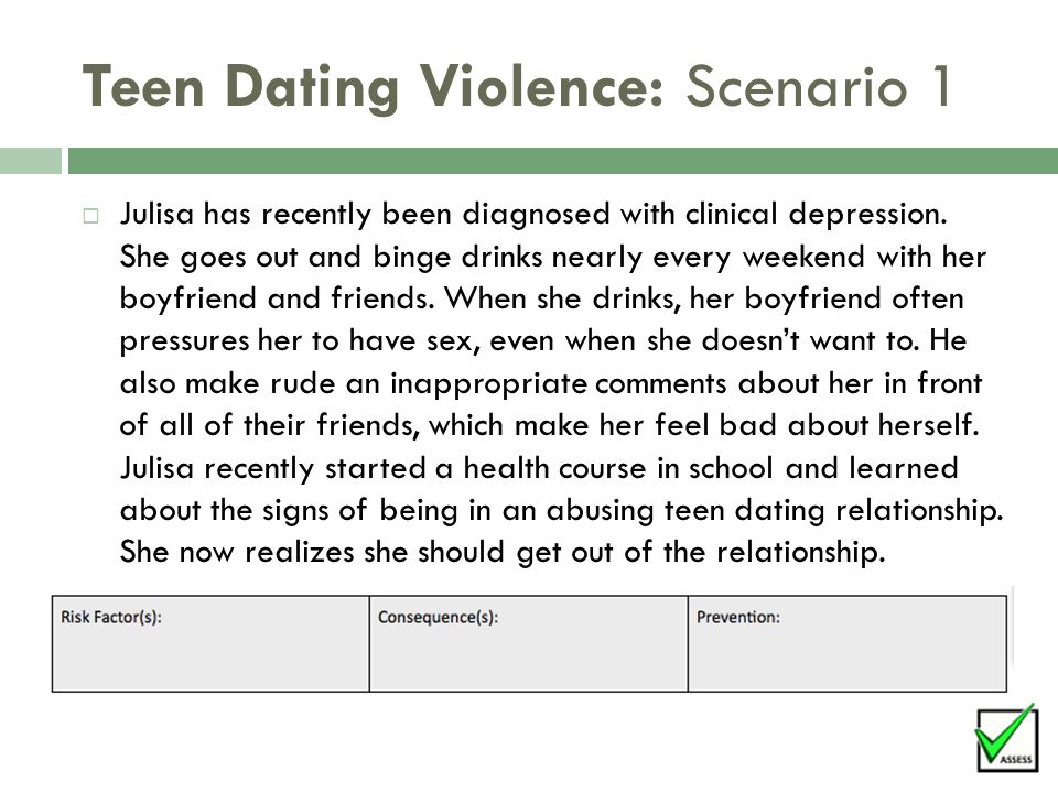 Teen Dating Violence: Scenario 1  Julisa has recently been diagnosed with clinical depression.