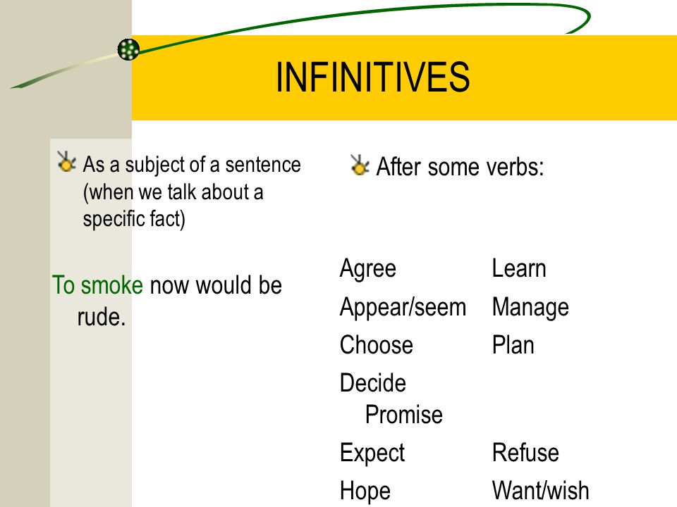 INFINITIVES As a subject of a sentence (when we talk about a specific fact) ‏ After some verbs: To smoke now would be rude.