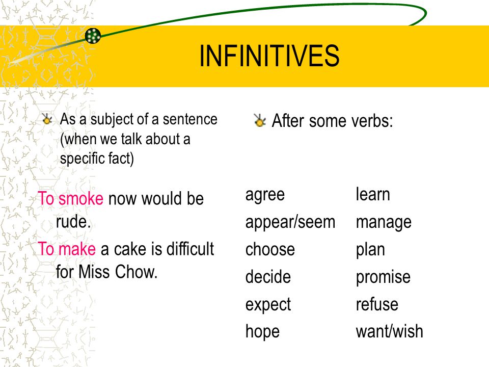 INFINITIVES As a subject of a sentence (when we talk about a specific fact) After some verbs: To smoke now would be rude.