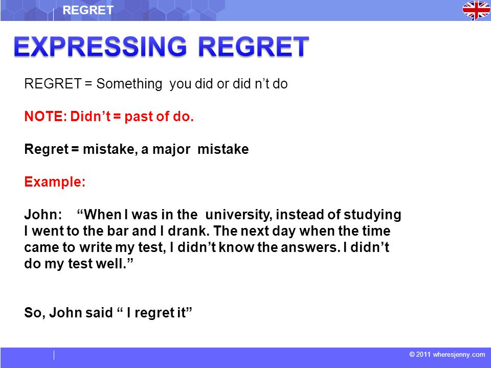 © 2011 wheresjenny.com REGRET = Something you did or did n’t do NOTE: Didn’t = past of do.