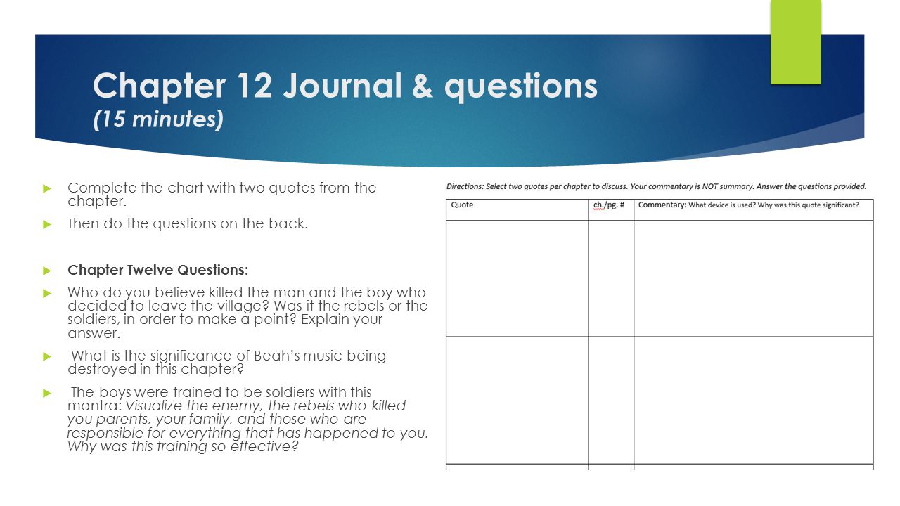 Chapter 12 Journal & questions (15 minutes)  Complete the chart with two quotes from the chapter.