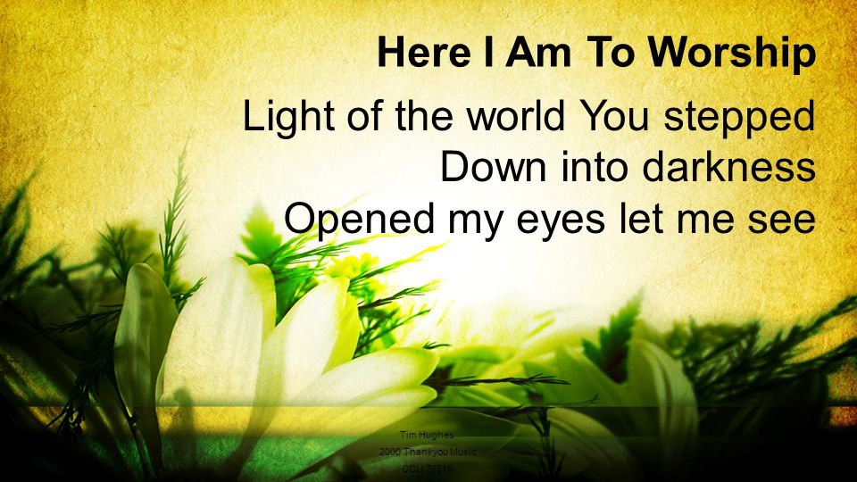 Here I Am To Worship Light of the world You stepped Down into darkness Opened my eyes let me see Tim Hughes 2000 Thankyou Music CCLI 78316