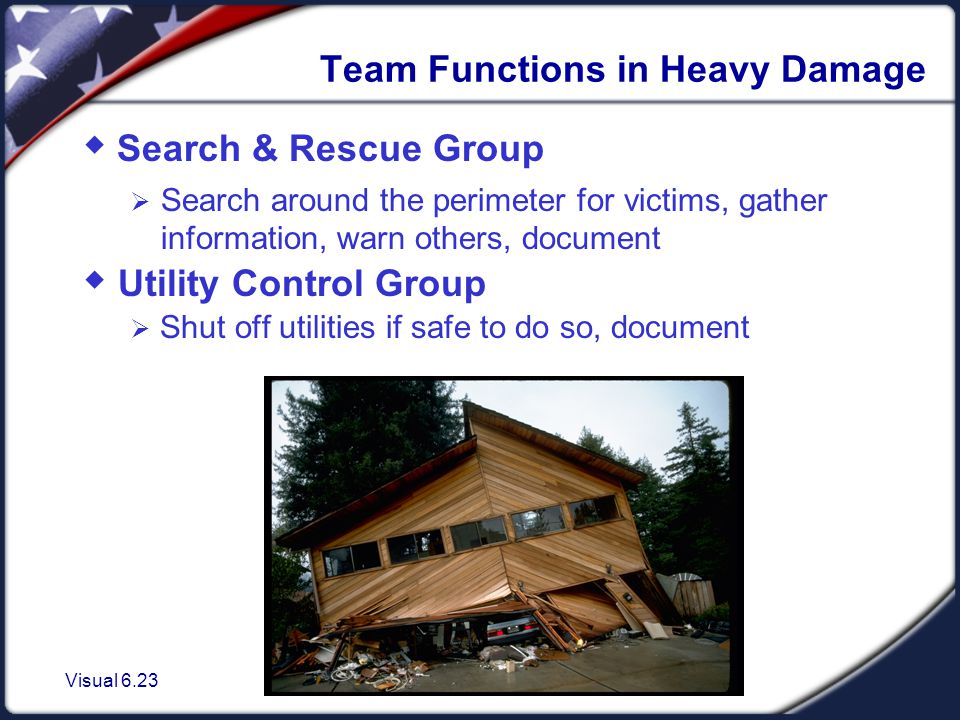 Visual 6.23 Team Functions in Heavy Damage  Utility Control Group  Shut off utilities if safe to do so, document  Search & Rescue Group  Search around the perimeter for victims, gather information, warn others, document