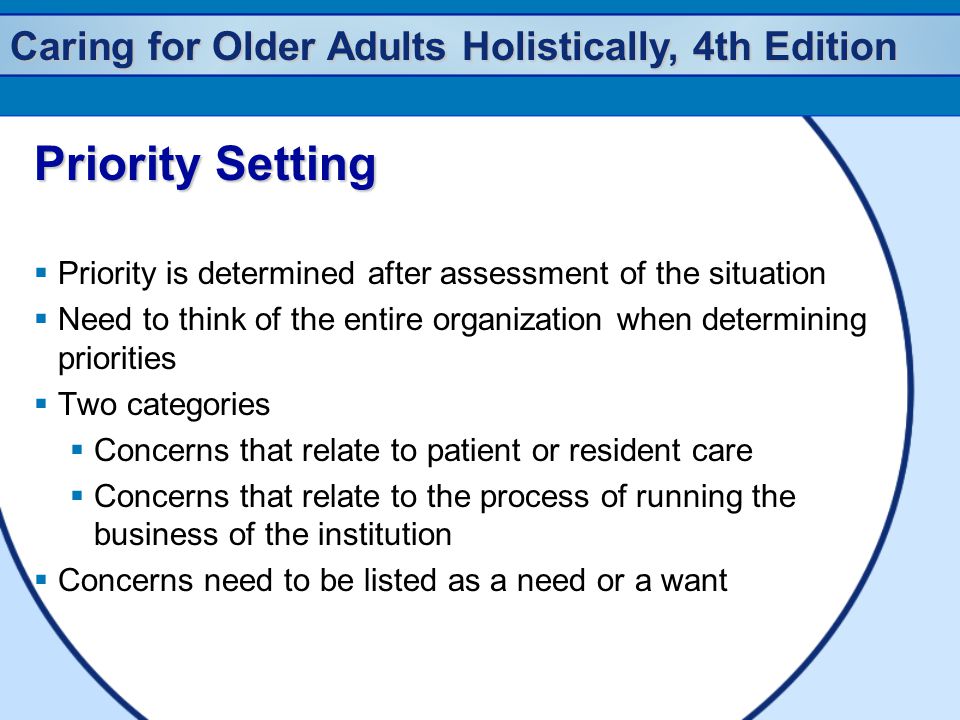 Caring for Older Adults Holistically, 4th Edition Priority Setting  Priority is determined after assessment of the situation  Need to think of the entire organization when determining priorities  Two categories  Concerns that relate to patient or resident care  Concerns that relate to the process of running the business of the institution  Concerns need to be listed as a need or a want