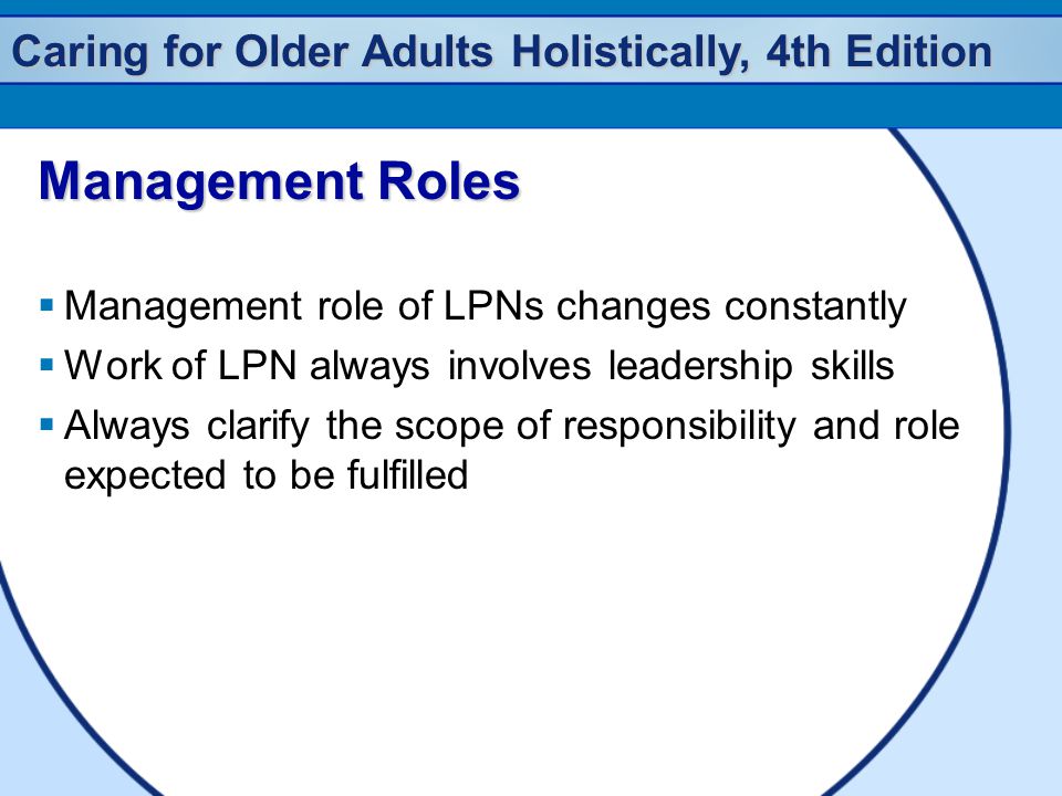 Caring for Older Adults Holistically, 4th Edition Management Roles  Management role of LPNs changes constantly  Work of LPN always involves leadership skills  Always clarify the scope of responsibility and role expected to be fulfilled