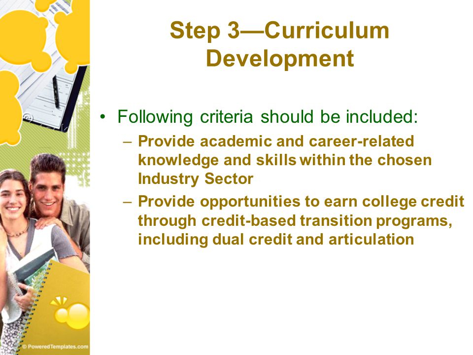 Step 3—Curriculum Development Following criteria should be included: –Provide academic and career-related knowledge and skills within the chosen Industry Sector –Provide opportunities to earn college credit through credit-based transition programs, including dual credit and articulation
