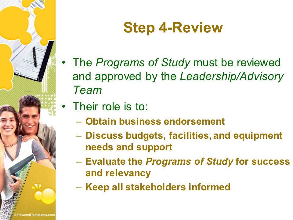 Step 4-Review The Programs of Study must be reviewed and approved by the Leadership/Advisory Team Their role is to: –Obtain business endorsement –Discuss budgets, facilities, and equipment needs and support –Evaluate the Programs of Study for success and relevancy –Keep all stakeholders informed