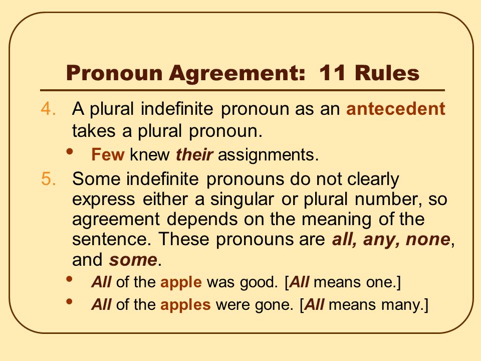 Pronoun Agreement: 11 Rules 3.A singular indefinite pronoun as an antecedent takes a singular pronoun.