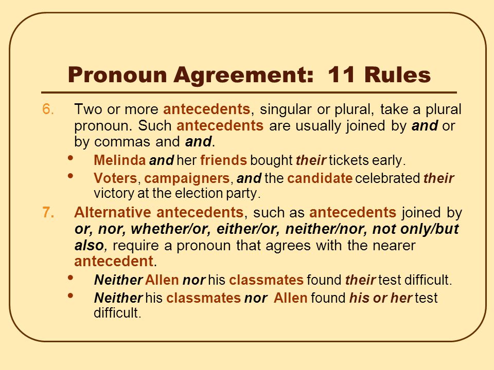 Pronoun Agreement: 11 Rules 4.A plural indefinite pronoun as an antecedent takes a plural pronoun.