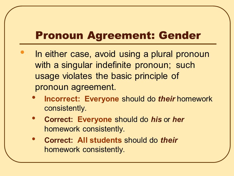 Pronoun Agreement: Gender To avoid a perceived sex bias, you can use he or she or his or her instead of just he or his.