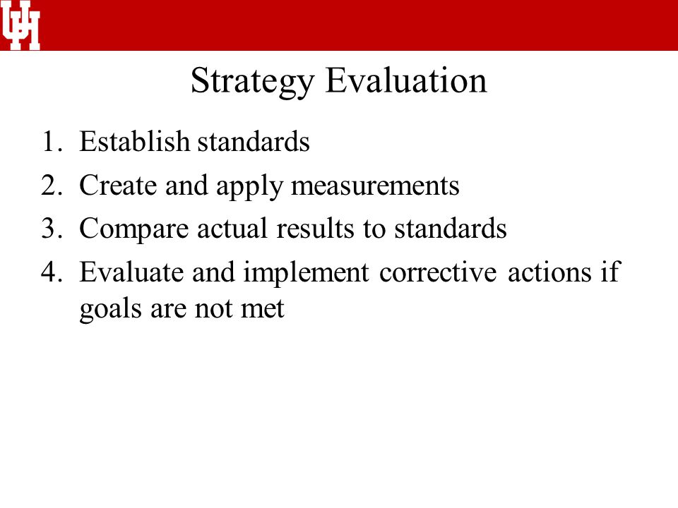 Strategy Evaluation 1.Establish standards 2.Create and apply measurements 3.Compare actual results to standards 4.Evaluate and implement corrective actions if goals are not met