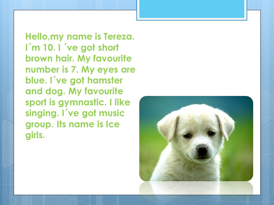 Hello,my name is Tereza. I´m 10. I ´ve got short brown hair.