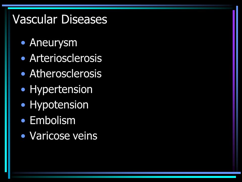 Vascular Diseases Aneurysm Arteriosclerosis Atherosclerosis Hypertension Hypotension Embolism Varicose veins