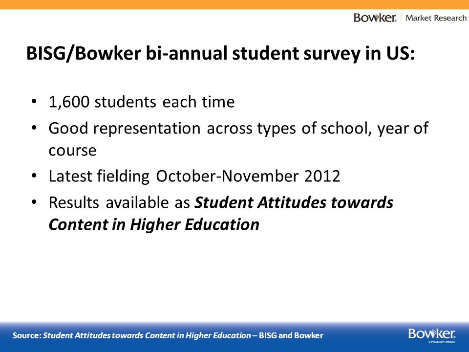 BISG/Bowker bi-annual student survey in US: 1,600 students each time Good representation across types of school, year of course Latest fielding October-November 2012 Results available as Student Attitudes towards Content in Higher Education Source: Student Attitudes towards Content in Higher Education – BISG and Bowker