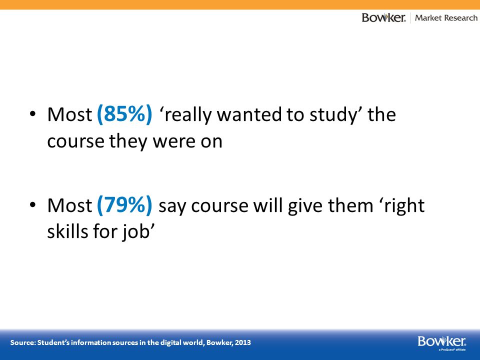 Most (85%) ‘really wanted to study’ the course they were on Most (79%) say course will give them ‘right skills for job’ Source: Student’s information sources in the digital world, Bowker, 2013