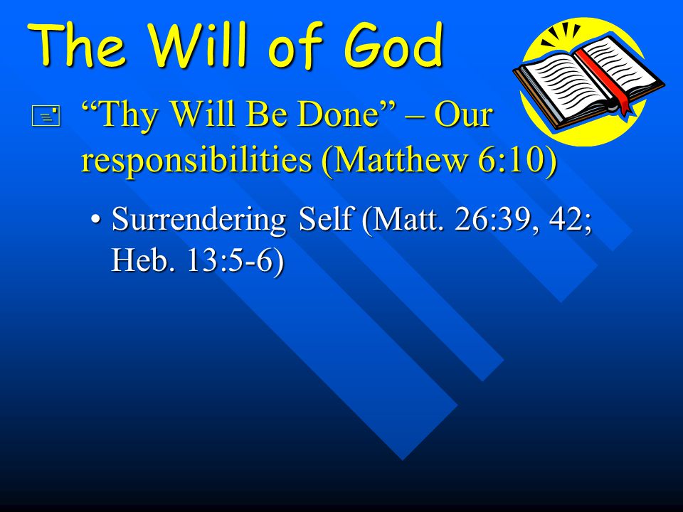 The Will of God + Thy Will Be Done – Our responsibilities (Matthew 6:10) Surrendering Self (Matt.