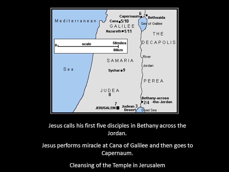 Jesus calls his first five disciples in Bethany across the Jordan.