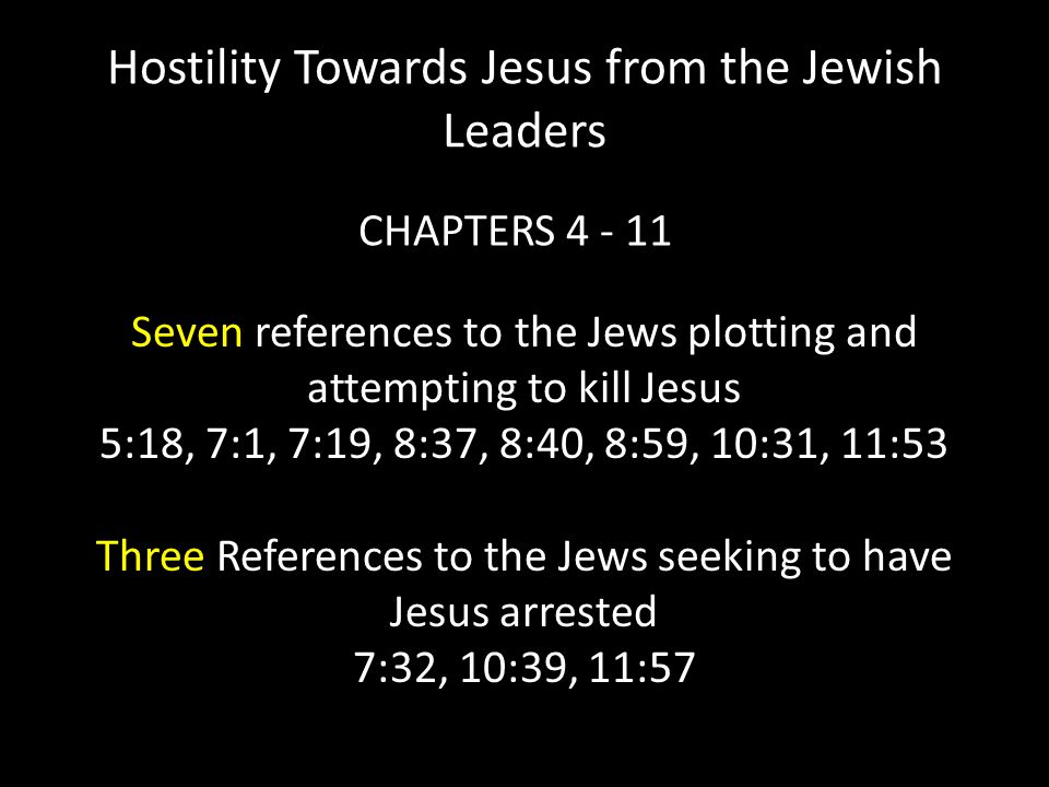 Hostility Towards Jesus from the Jewish Leaders CHAPTERS Seven references to the Jews plotting and attempting to kill Jesus 5:18, 7:1, 7:19, 8:37, 8:40, 8:59, 10:31, 11:53 Three References to the Jews seeking to have Jesus arrested 7:32, 10:39, 11:57