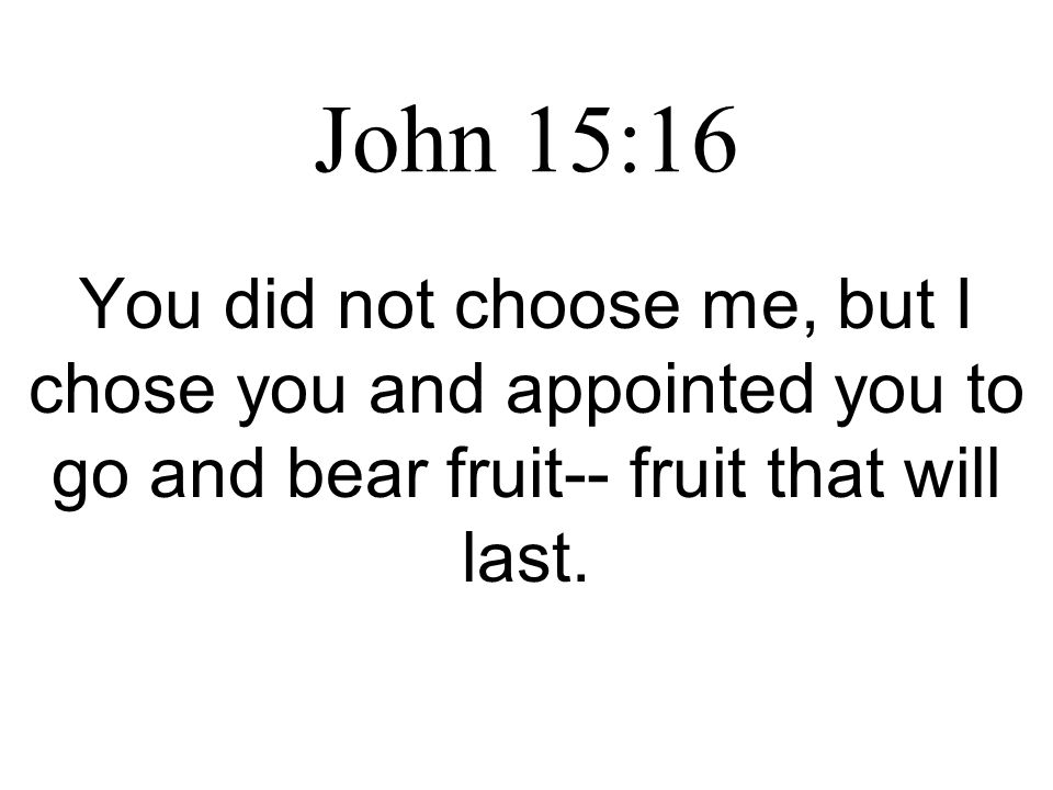 John 15:16 You did not choose me, but I chose you and appointed you to go and bear fruit-- fruit that will last.