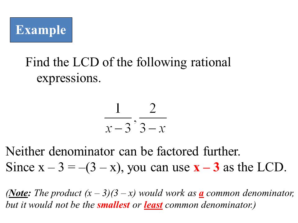 Find the LCD of the following rational expressions.