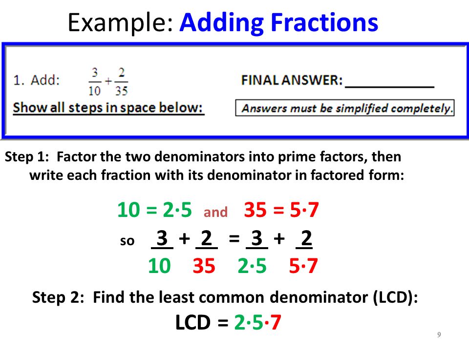 Example: Adding Fractions Step 1: Factor the two denominators into prime factors, then write each fraction with its denominator in factored form: 10 = 2∙5 and 35 = 5∙7 so = ∙5 5∙7 Step 2: Find the least common denominator (LCD): LCD = 2∙5∙7 9