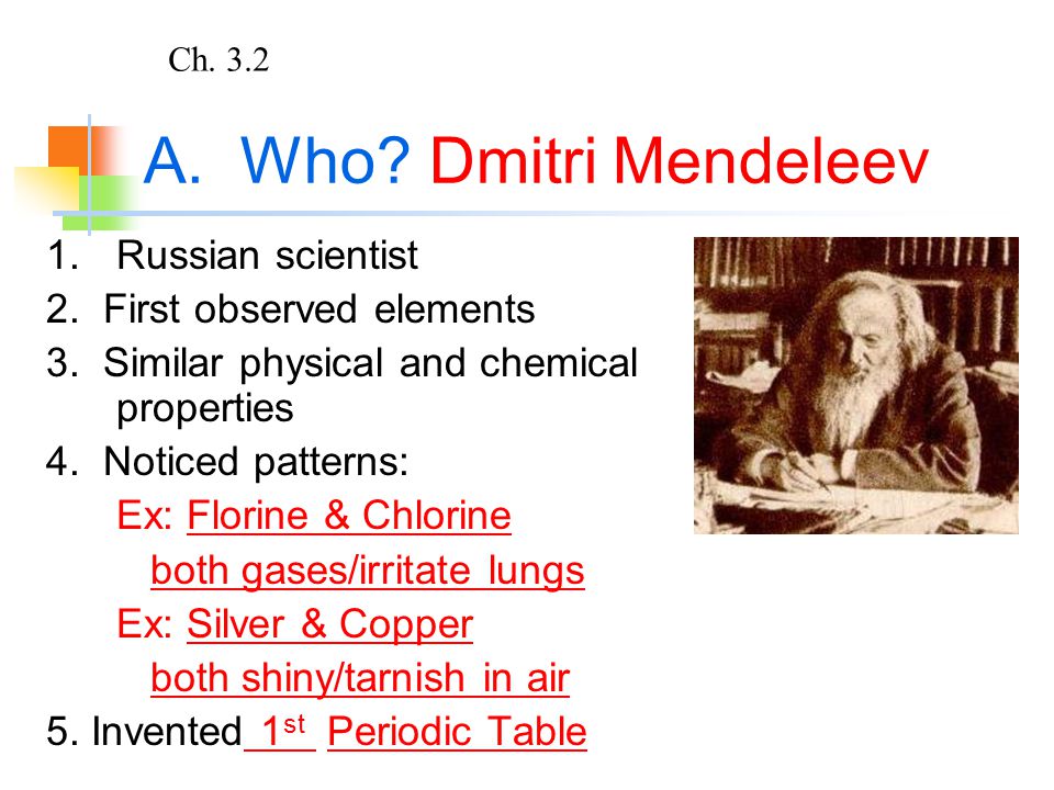 A. Who. Dmitri Mendeleev 1.Russian scientist 2. First observed elements 3.