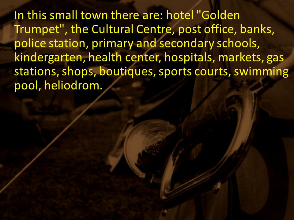 In this small town there are: hotel Golden Trumpet , the Cultural Centre, post office, banks, police station, primary and secondary schools, kindergarten, health center, hospitals, markets, gas stations, shops, boutiques, sports courts, swimming pool, heliodrom.