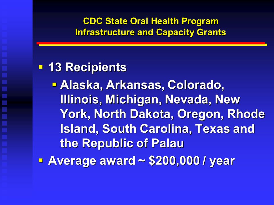 Resources  ASTDD  HRSA  SPRANS Grants  SOHCS Grants  RWJ  Pipeline  State Action for Oral Health Access  CDC  Capacity and Infrastructure Cooperative Agreements