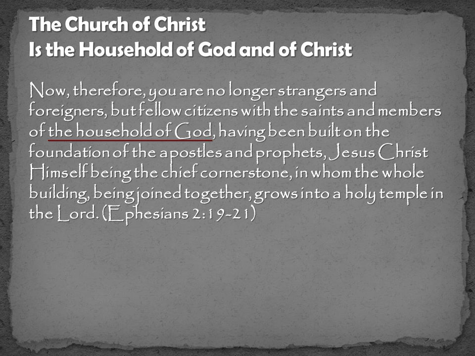 Now, therefore, you are no longer strangers and foreigners, but fellow citizens with the saints and members of the household of God, having been built on the foundation of the apostles and prophets, Jesus Christ Himself being the chief cornerstone, in whom the whole building, being joined together, grows into a holy temple in the Lord.