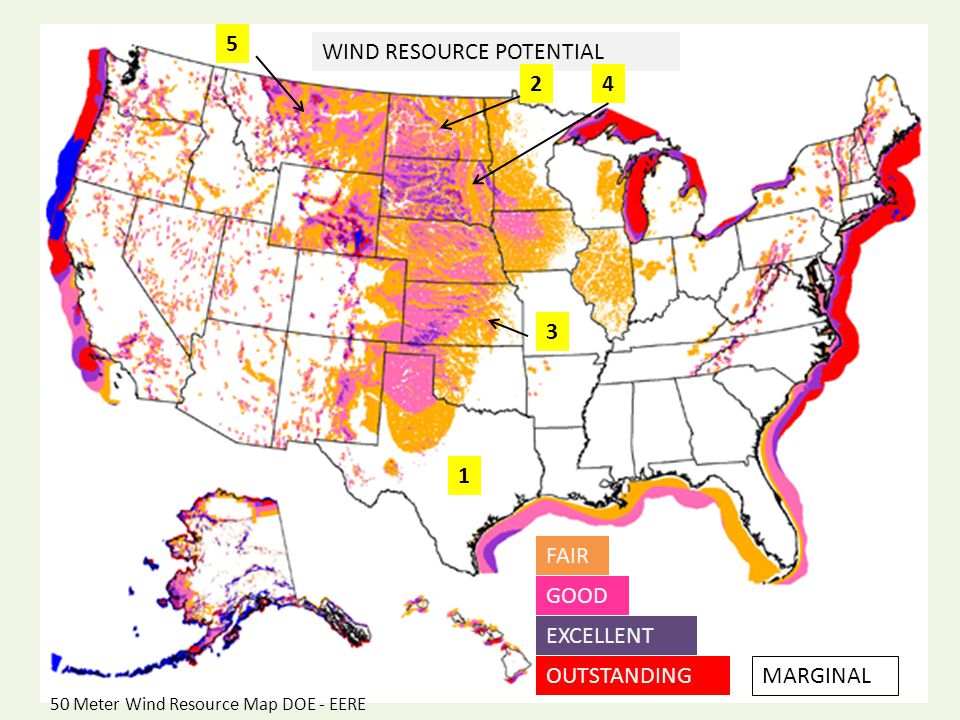 WIND RESOURCE POTENTIAL OUTSTANDING EXCELLENT FAIR MARGINAL GOOD 50 Meter Wind Resource Map DOE - EERE