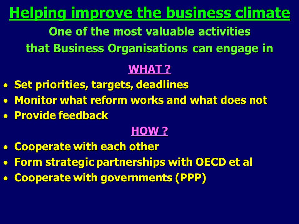 Helping improve the business climate One of the most valuable activities that Business Organisations can engage in WHAT .