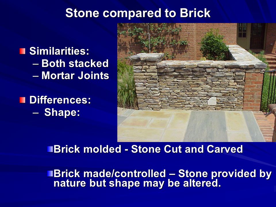 Stone compared to Brick Similarities: –Both stacked –Mortar Joints Differences: – Shape: Brick molded - Stone Cut and Carved Brick made/controlled – Stone provided by nature but shape may be altered.