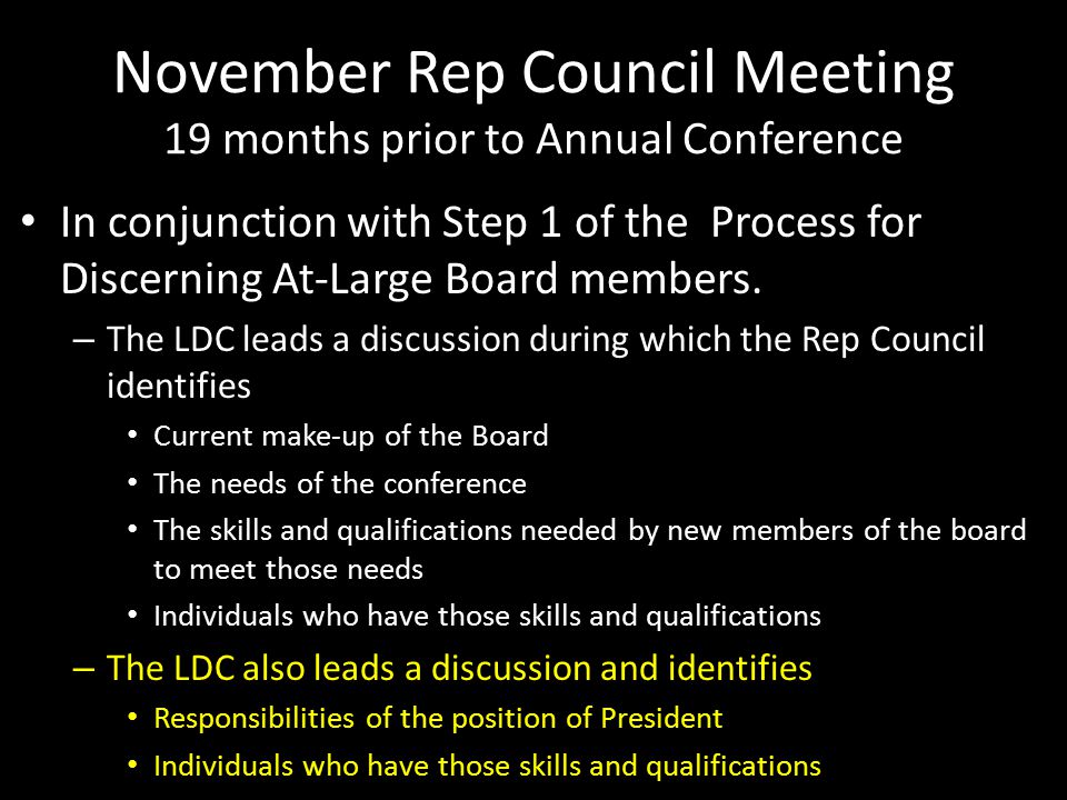 November Rep Council Meeting 19 months prior to Annual Conference In conjunction with Step 1 of the Process for Discerning At-Large Board members.