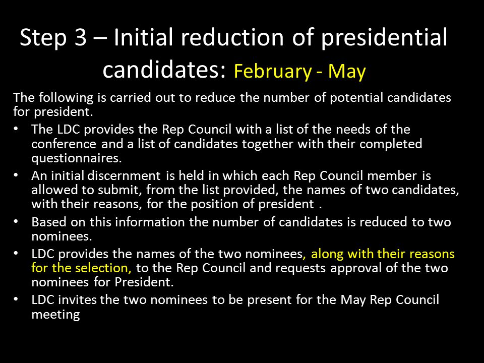Step 3 – Initial reduction of presidential candidates: February - May The following is carried out to reduce the number of potential candidates for president.