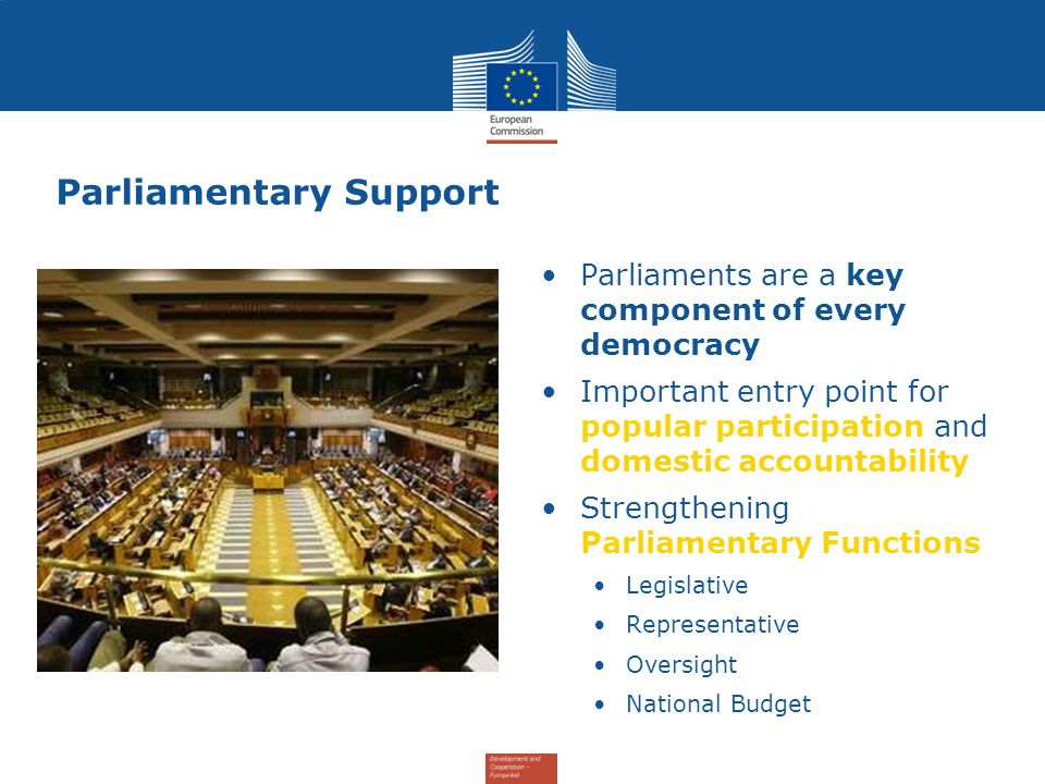 Parliamentary Support Parliaments are a key component of every democracy Important entry point for popular participation and domestic accountability Strengthening Parliamentary Functions Legislative Representative Oversight National Budget