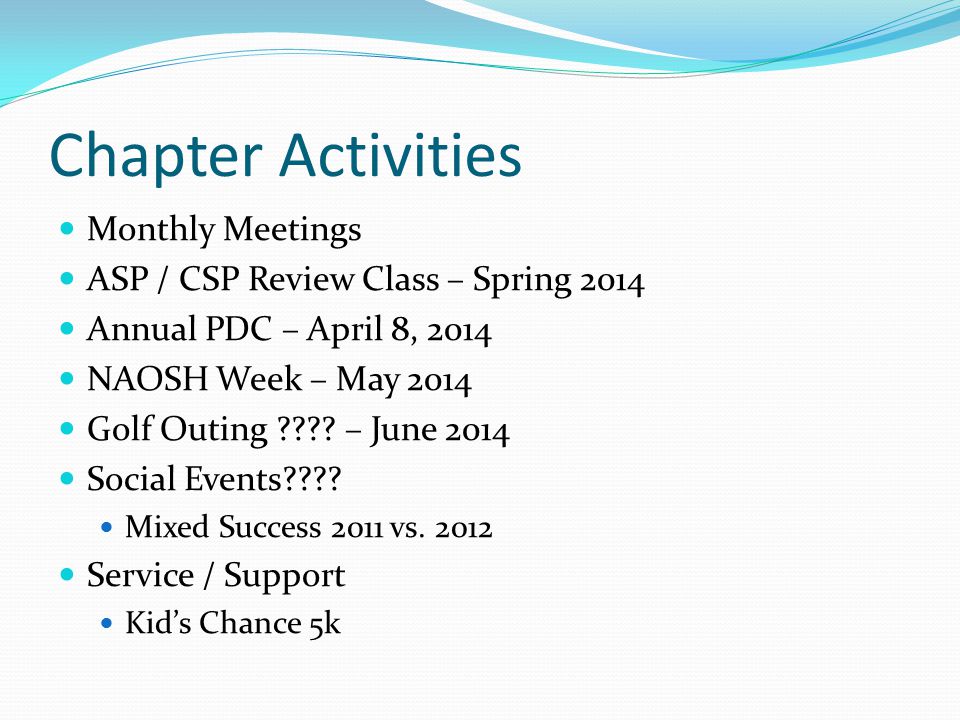 Chapter Activities Monthly Meetings ASP / CSP Review Class – Spring 2014 Annual PDC – April 8, 2014 NAOSH Week – May 2014 Golf Outing .