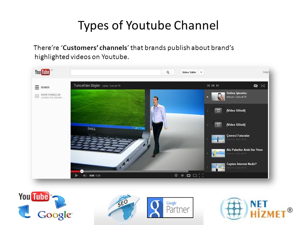 Types of Youtube Channel There’re ‘Customers’ channels’ that brands publish about brand’s highlighted videos on Youtube.