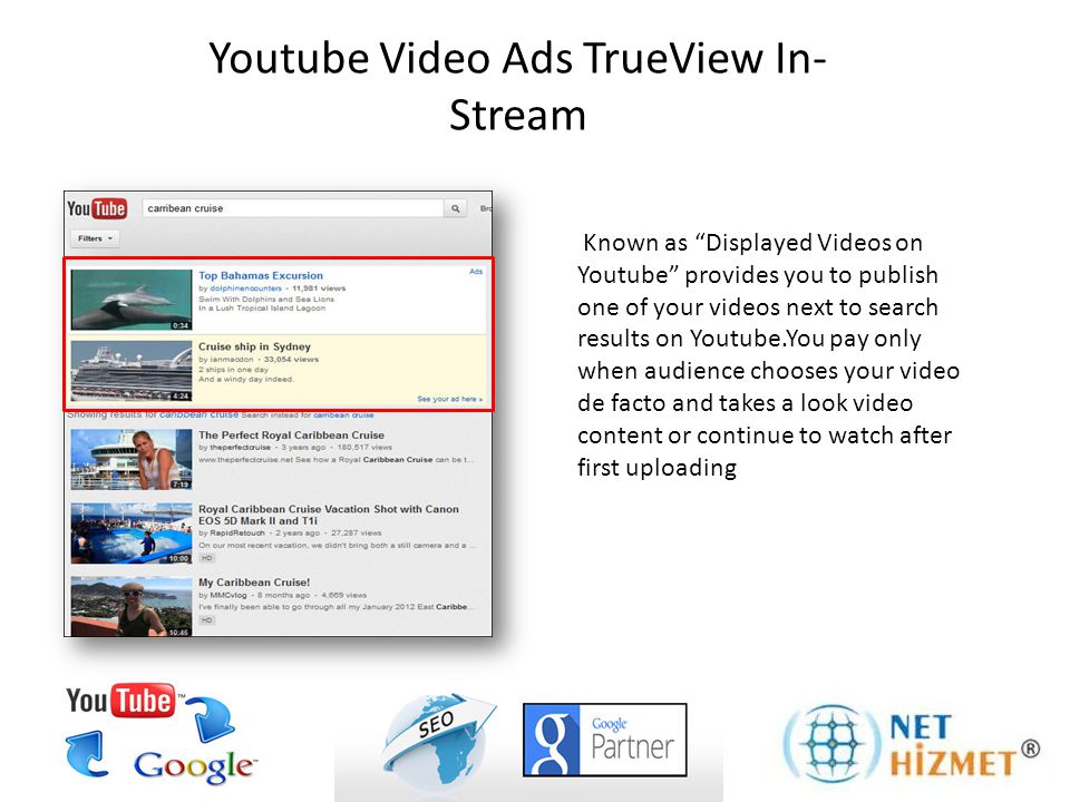 Known as Displayed Videos on Youtube provides you to publish one of your videos next to search results on Youtube.You pay only when audience chooses your video de facto and takes a look video content or continue to watch after first uploading Youtube Video Ads TrueView In- Stream