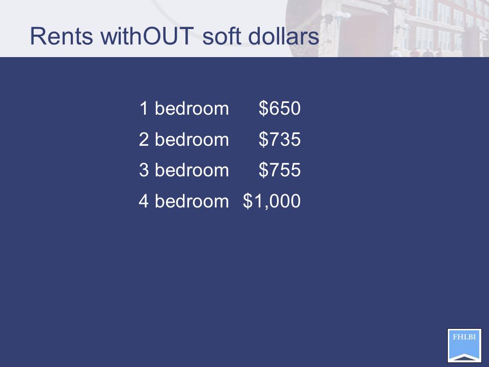 Rents withOUT soft dollars 1 bedroom $650 2 bedroom $735 3 bedroom$755 4 bedroom$1,000