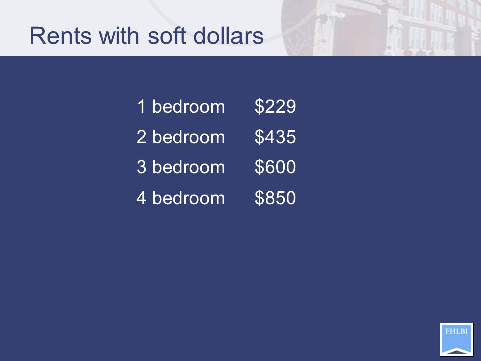 Rents with soft dollars 1 bedroom $229 2 bedroom $435 3 bedroom$600 4 bedroom$850