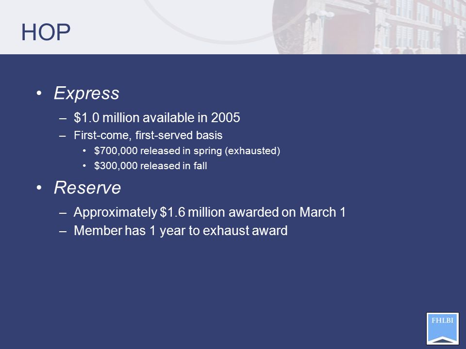 HOP Express –$1.0 million available in 2005 –First-come, first-served basis $700,000 released in spring (exhausted) $300,000 released in fall Reserve –Approximately $1.6 million awarded on March 1 –Member has 1 year to exhaust award