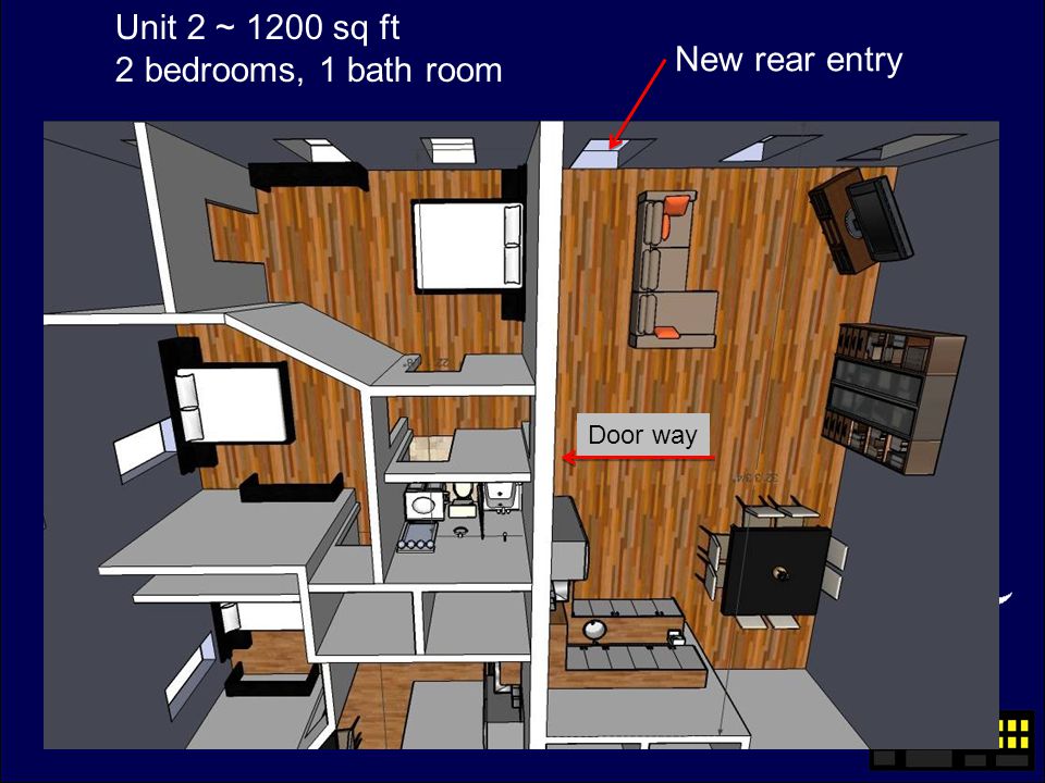 Unit 2 ~ 1200 sq ft 2 bedrooms, 1 bath room New rear entry Door way
