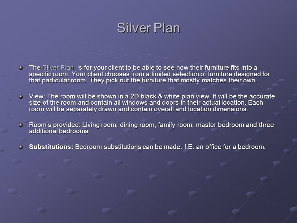 Silver Plan The Silver Plan is for your client to be able to see how their furniture fits into a specific room.