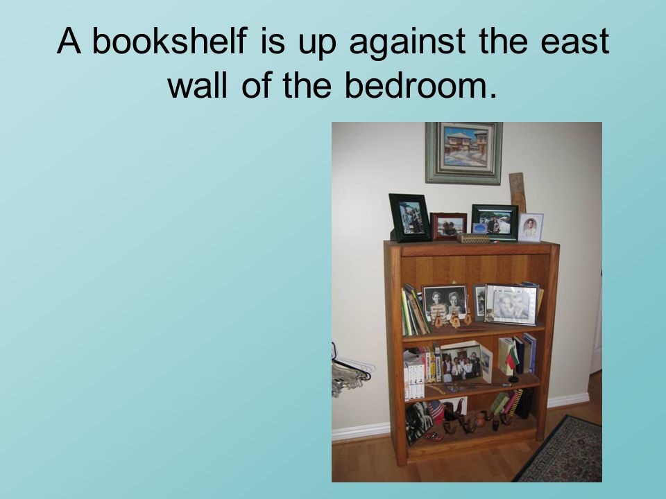 A bookshelf is up against the east wall of the bedroom.