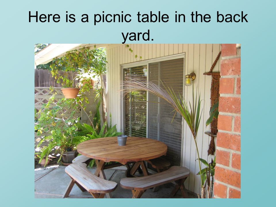 Here is a picnic table in the back yard.