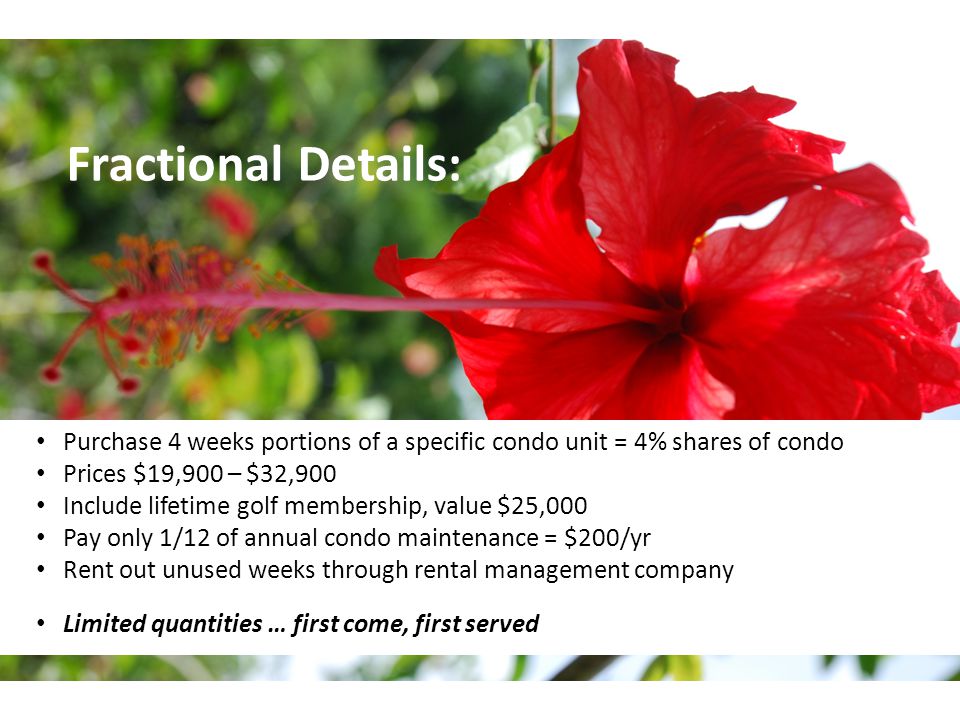 Fractional Details: Purchase 4 weeks portions of a specific condo unit = 4% shares of condo Prices $19,900 – $32,900 Include lifetime golf membership, value $25,000 Pay only 1/12 of annual condo maintenance = $200/yr Rent out unused weeks through rental management company Limited quantities … first come, first served