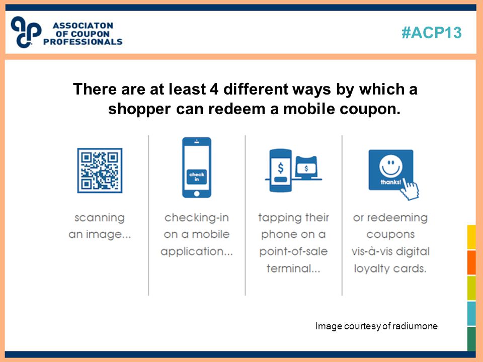 #ACP13 There are at least 4 different ways by which a shopper can redeem a mobile coupon.