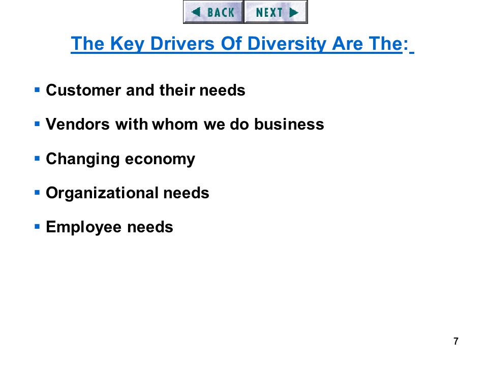 7  Customer and their needs  Vendors with whom we do business  Changing economy  Organizational needs  Employee needs The Key Drivers Of Diversity Are The: