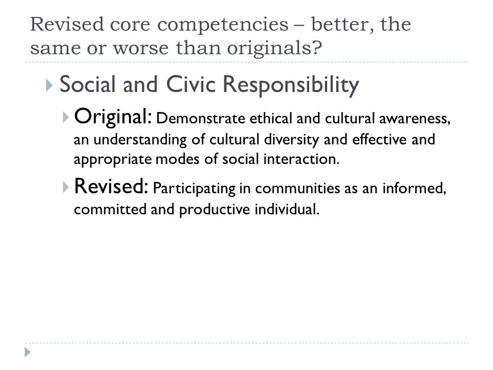 Revised core competencies – better, the same or worse than originals.