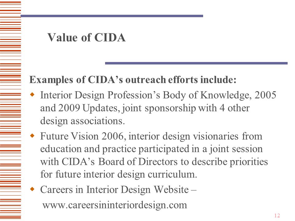 12 Value of CIDA Examples of CIDA’s outreach efforts include:  Interior Design Profession’s Body of Knowledge, 2005 and 2009 Updates, joint sponsorship with 4 other design associations.